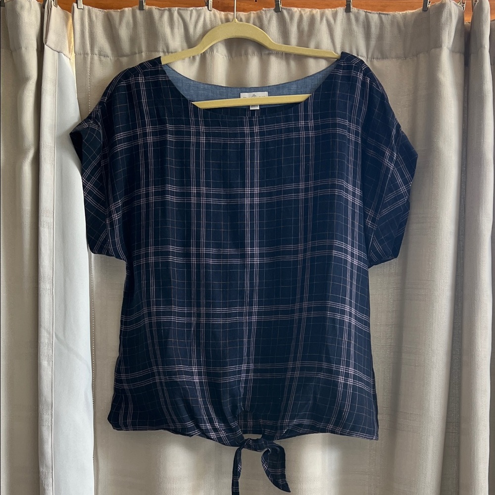 L.L. Bean Signature Dark Plaid Tie-Front Blouse